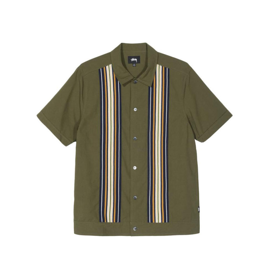 Stussy Striped Knit Panel Shirt Olive 1110093