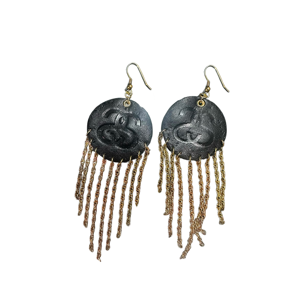 Stussy SS Logo Leather Disc Chain Fringe Earrings Black / Gold 1599012-BLK