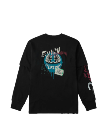 Evisu Daruma Print Faux Layered Long-Sleeve T-Shirt Black 2EAHTM6TL1153FFCT